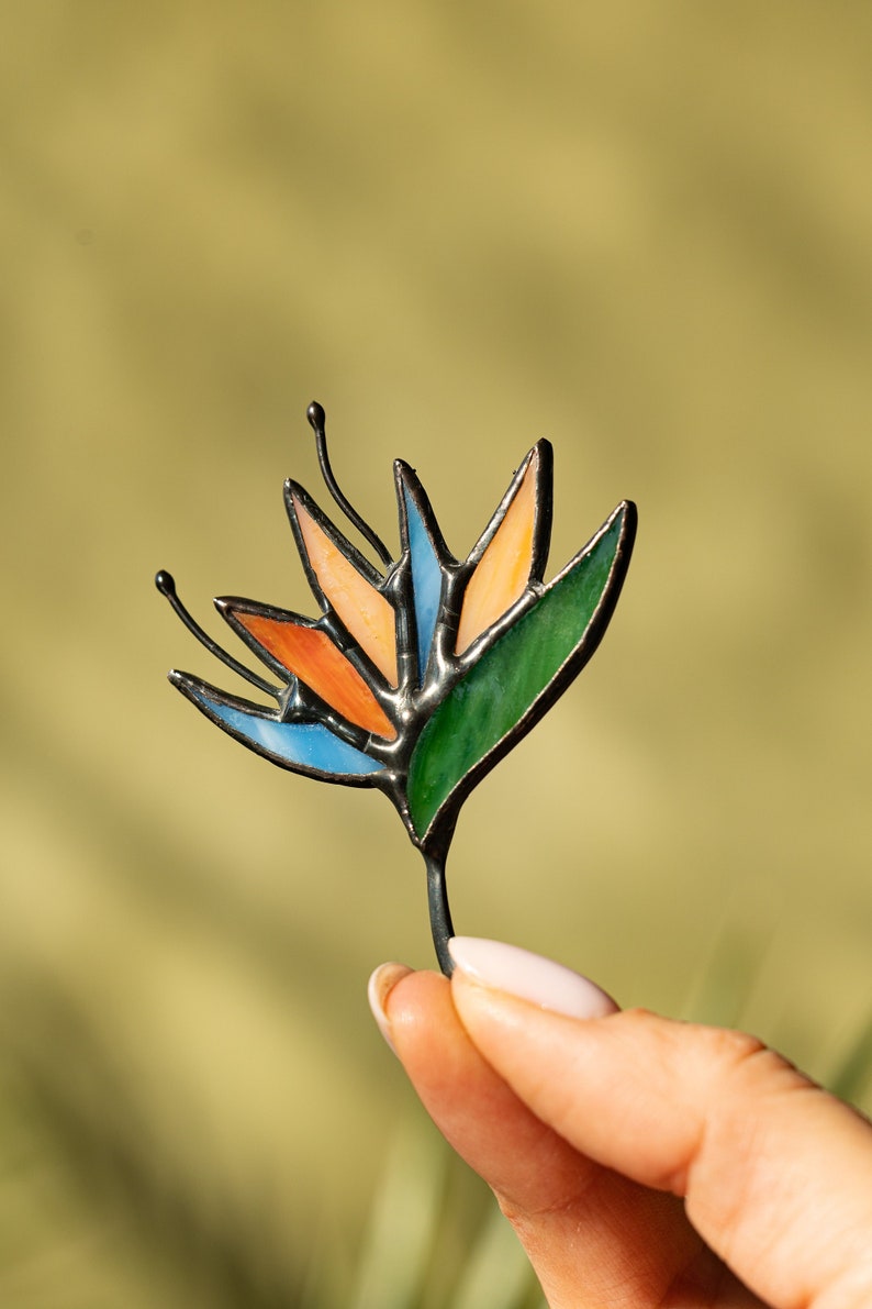 Stained Glass Brooch Strelitzia Flower Woman Green Broach Pin Vintage Ukraine Jewelry Nature Ornament Flora Plant image 1