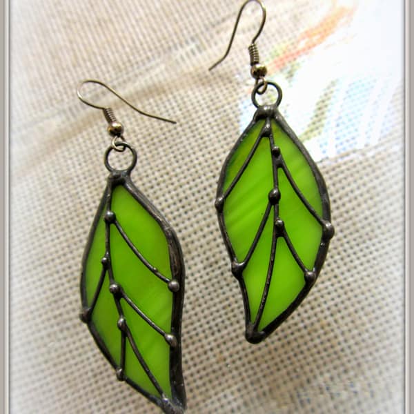 Leaf shaped stained glass Green Red earrings Beautiful chandelier Mothers Gift for her Woman Tiffany technique Jewelry Nature Ornament Art