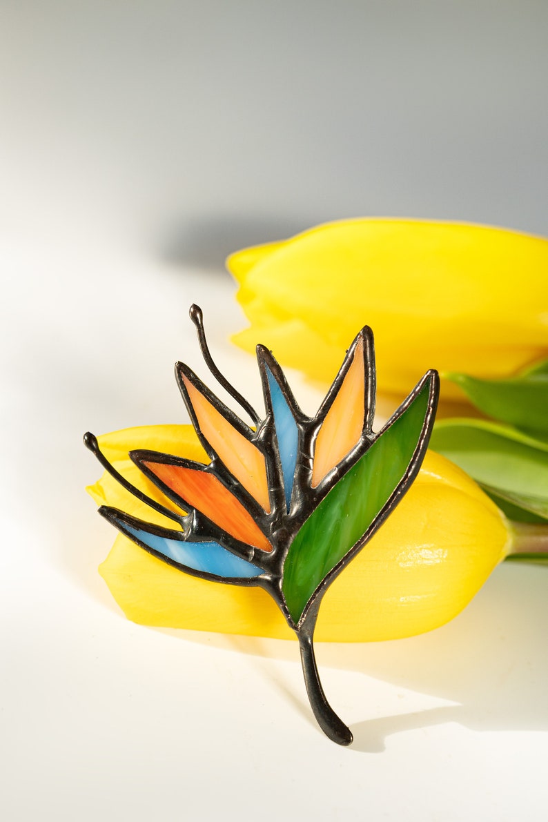 Stained Glass Brooch Strelitzia Flower Woman Green Broach Pin Vintage Ukraine Jewelry Nature Ornament Flora Plant image 6