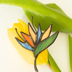 Stained Glass Brooch Strelitzia Flower Woman Green Broach Pin Vintage Ukraine Jewelry Nature Ornament Flora Plant image 3