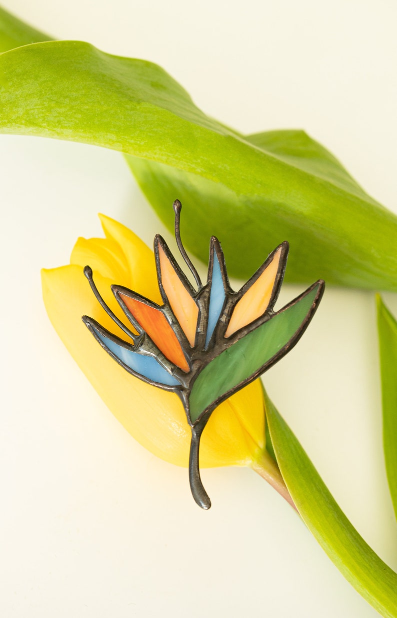 Stained Glass Brooch Strelitzia Flower Woman Green Broach Pin Vintage Ukraine Jewelry Nature Ornament Flora Plant image 3