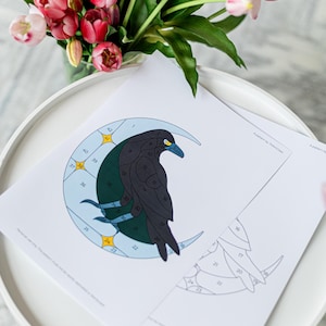 Crow Stained glass pattern, Digital Download DIY Halloween Suncatcher Decor Beginner PDF wall art Mystical Raven Black Bird Window Hangings