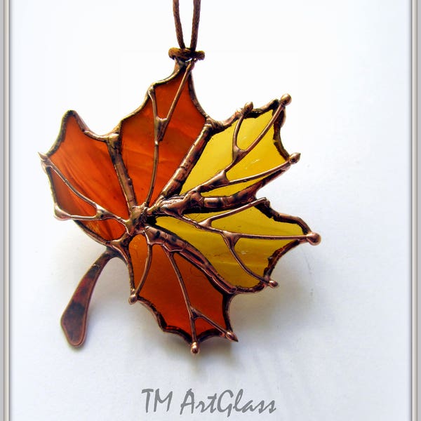 Stained glass pendant Drop Maple Leaf. Canadian gift. Tiffany style. Handmade Jewellery Women's Decoration. Fallen Leaf