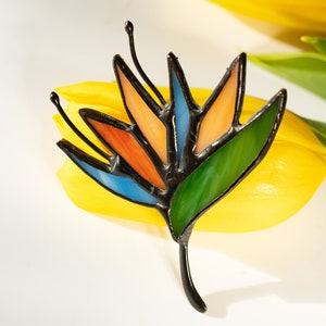 Stained Glass Brooch Strelitzia Flower Woman Green Broach Pin Vintage Ukraine Jewelry Nature Ornament Flora Plant image 4