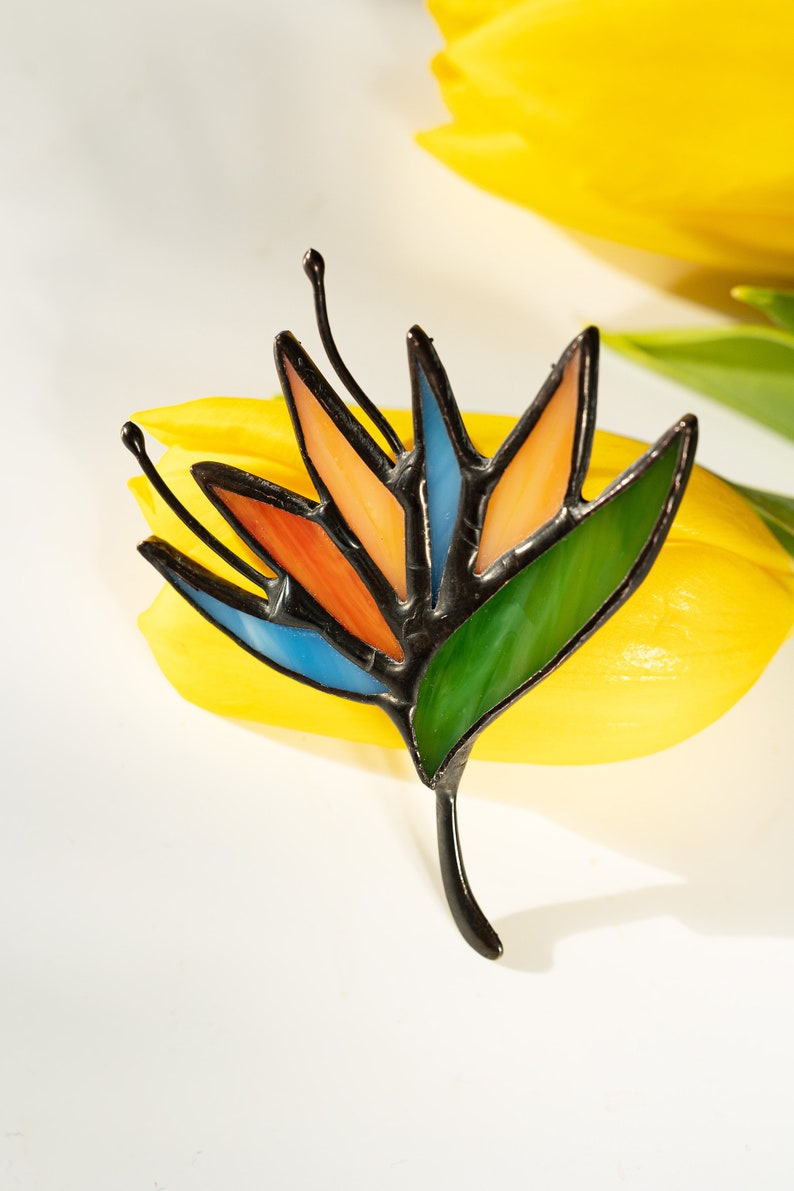 Stained Glass Brooch Strelitzia Flower Woman Green Broach Pin Vintage Ukraine Jewelry Nature Ornament Flora Plant image 4