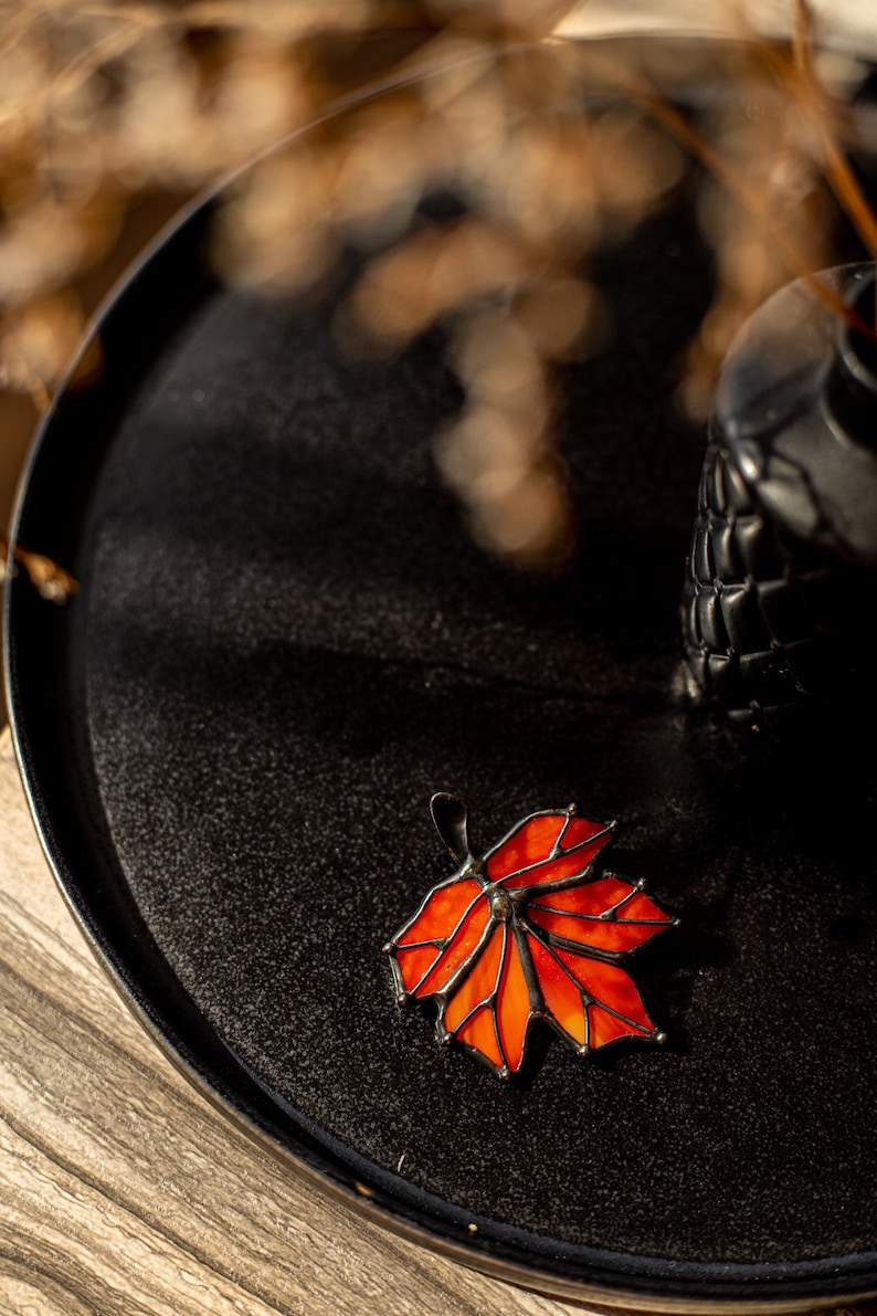 Stained Glass Brooch Red Canadian Leaf Woman Broach Pin Mothers gift Ukraine Jewelry Tiffany Interesting Decoration Maple Leaf image 1