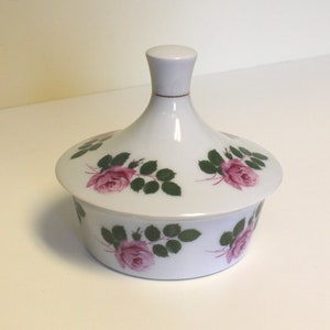 French Covered Powder Jar Porcelain Trinket Box Jewelry Cache Original by Step Cosmetics Paris with Pink Roses Decoration
