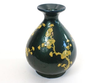 Vintage Upcycled Wing Lee Wai Vase Painted and Paper Stencil Applique Decorated Liquor Bottle