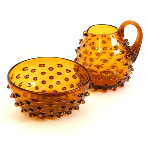 Vibrant Hobnail Amber Glass Pair Striking Bowl and Pitcher Set Hand Blown and Formed with Ground Pontils