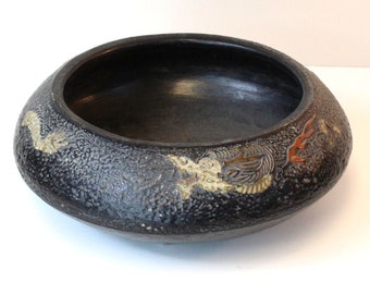Tokanabe Dragon Pattern Bonsai Low Circular Ceramic Planter Pot Japan