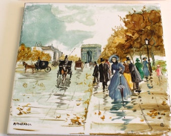 Mario Maresca Oil Painting on Tile: Arc de Triomphe Street Scene (8" Square)