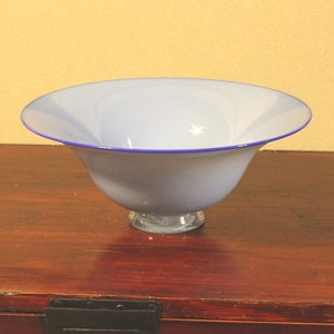 Graceful Erik Eiserling Glass Bowl Hand Blown in Light Blue with Darker Rim and Clear Foot