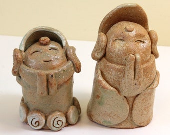 Charming Hand Sculpted Monks in Rolled Slab Stoneware Praying Pair of Mini Buddhas