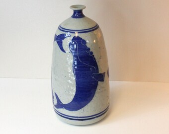 Whale Pottery Bottle Vase: Hand-Thrown Studio Art, Seaside Decor