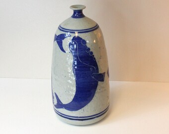 Lovely Whale Theme Studio Art Pottery Bottle Vase Hand Thrown and Decorated with Mediterranean Pinched Neck Styling See Video !!