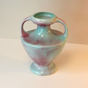 Turquoise and Rose Handled Urn Vase California Pottery # 521