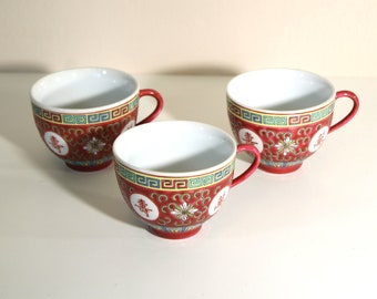 Vintage Famille Rose Teacups: Mun Shou Longevity Pattern, Set of 3