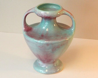 Turquoise and Rose Handled Urn Vase California Pottery # 521