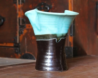 Blue Black Flared Kado Vessel Ikebana Vase Thrown and Altered Vivid Two Tone Crackle Teal Top and Satin Smooth Carbon Bottom