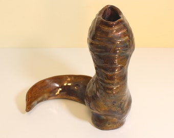Hand Formed Ikebana Vase: Brown Lustre Glaze Dragon Tail Coil Pot