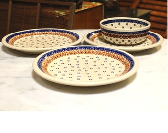 Ceramica Wiza Boleslawiec Pottery Oval Dish Blue Cream Cobalt Orange Serving 8” 
