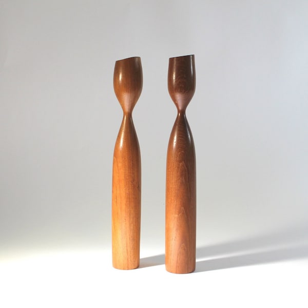 Danish Modern Walnut Candlesticks a Pair with Subtle His and Hers Variations 11" plus Wirkkala Tulip Style See Video !!