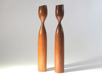 Danish Modern Walnut Candlestick Pair: Tulip Style, 11"