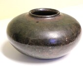 Tewksbury Vase Squat Green and Copper Brush Washer Style Ikebana Vessel Flower Pot Planter Studio Pottery Black Clay