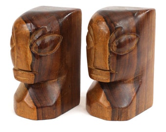 Almond Eyed Tiki Bookends Hand Carved Hardwood in French Polynesian Style Perfectly Matched See Video !!