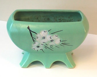 McCoy Floral Ceramic Footed Planter Spring Blossoms with Mint Drop Green Glaze See Video !!
