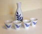 Gekkeikan Sake 5 Piece Set Blue Leaves and Red Print Porcelain cups and Decanter Mid Century Modern Japanese Import Ceramic Japan