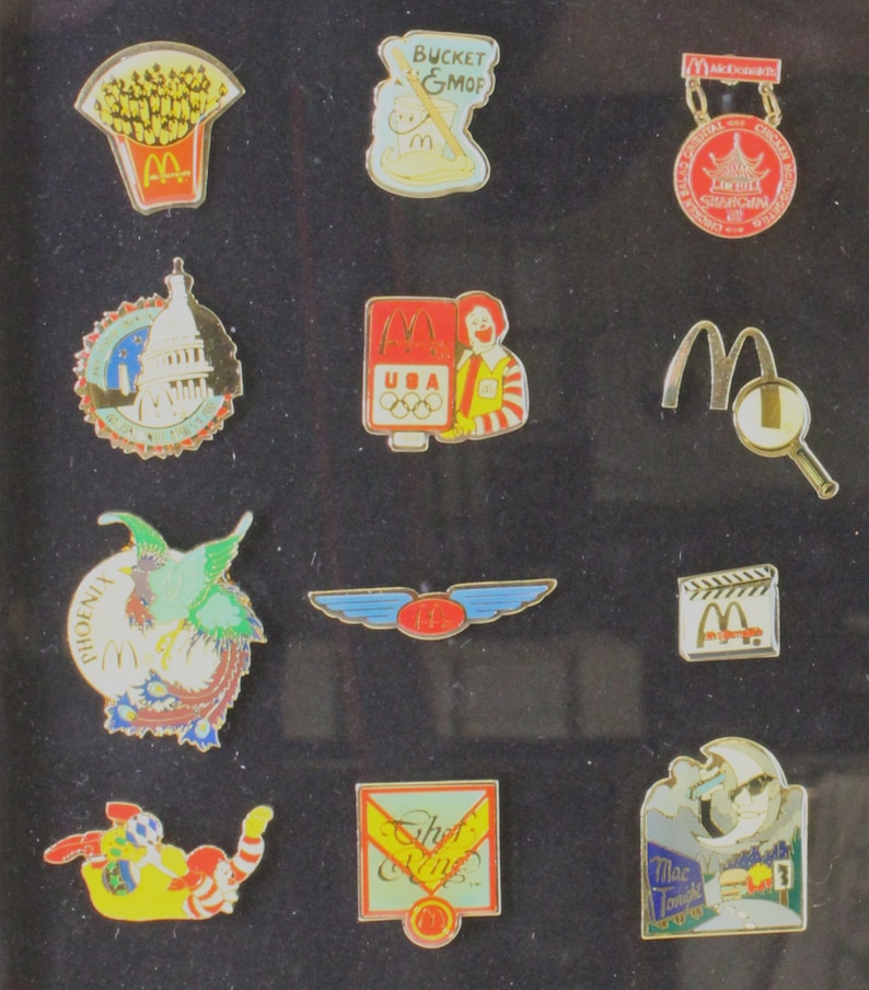 McDonald's Lapel Pin Collection 48 piece Set of Enameled Tie Back Crew and Management Flair Badges Olympics Disney Conventions etc. image 1