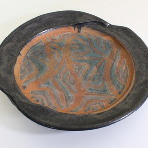 Jordan Studio Pottery Plate Art Ceramic in Luster Black Green and Red Tones Wheel Thrown and Altered 10&quot;
