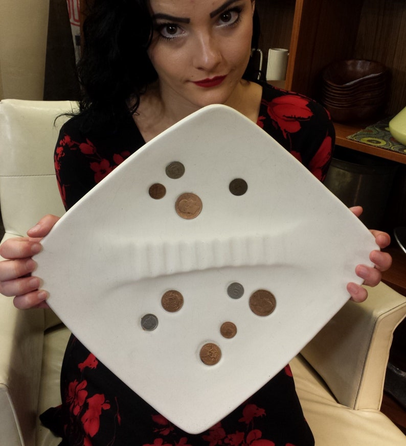 Coin Ashtray White Ceramic with Genuine International Coinage Rare Mid Century Modern Ash tray