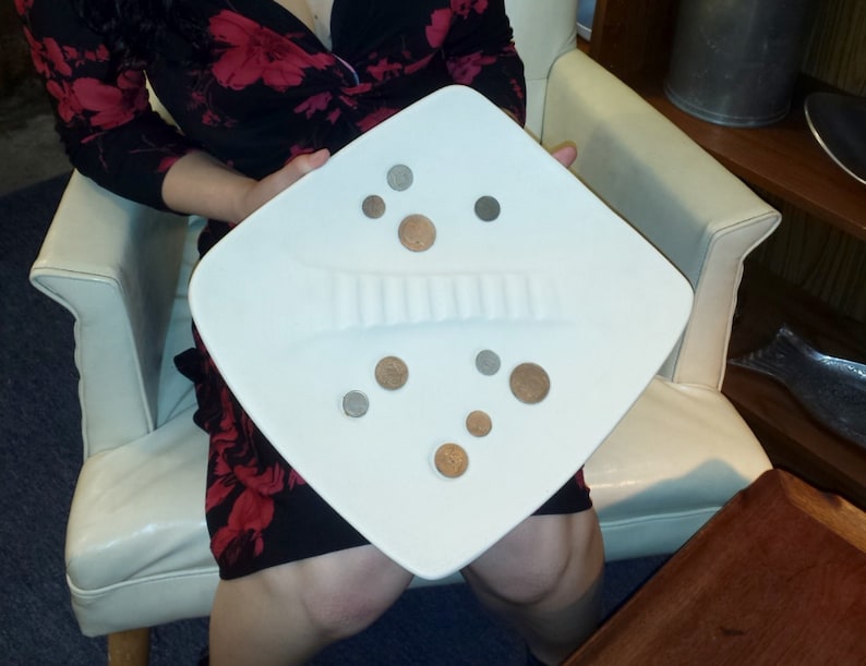 Coin Ashtray White Ceramic with Genuine International Coinage Rare Mid Century Modern Ash tray