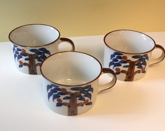 3 Japanese Ironstone 10 ounce Ceramic Mugs Hand Decorated with Fruit Trees Very Useful Size Cup Coffee Tea or Soup OMC Style