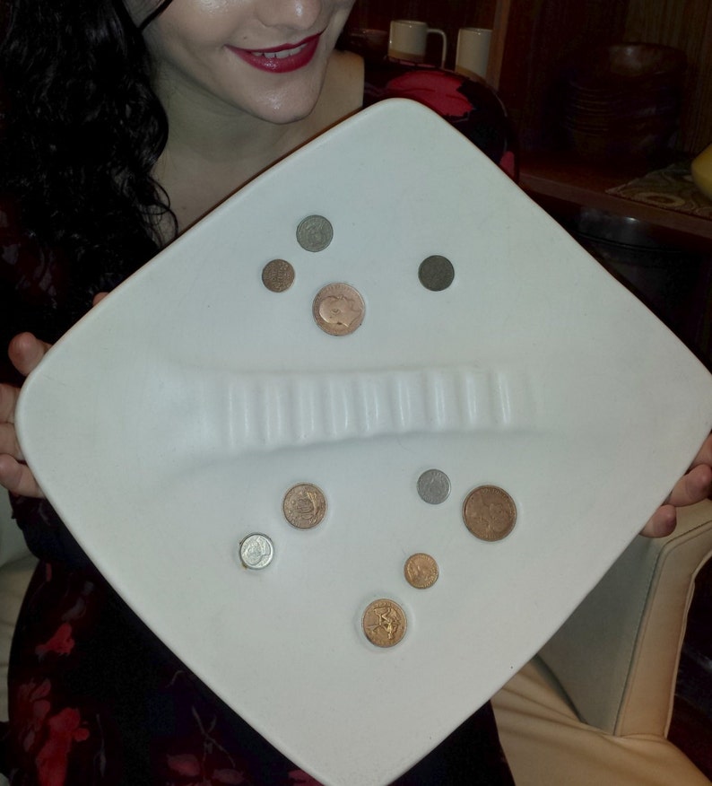 Coin Ashtray White Ceramic with Genuine International Coinage Rare Mid Century Modern Ash tray