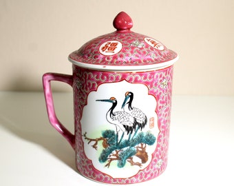 Famille Rose Crane Mug: Vintage Jingdezhen Red Porcelain