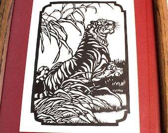 Hand-Cut Paper Tiger Art: Intricate Stencil in Oak Frame
