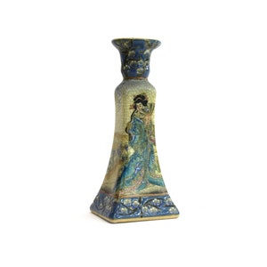Chinese Maiden with Fan Candlestick Square Base Ceramic with Crackle Glaze