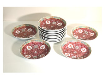 Vintage Famille Rose Porcelain Bowls: Mun Shou Longevity Pattern, Set of 12