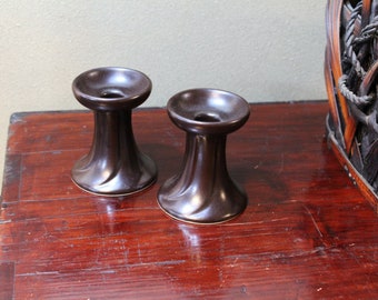 Hoganas Keramik Brown Candlesticks Höganäs Sweden Taper Holders Lovely Dark Coffee Bean Color Sold as Pairs