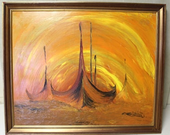 Viking Ships Painting: 1970s Danish Modern Sunset Seascape (32x27)