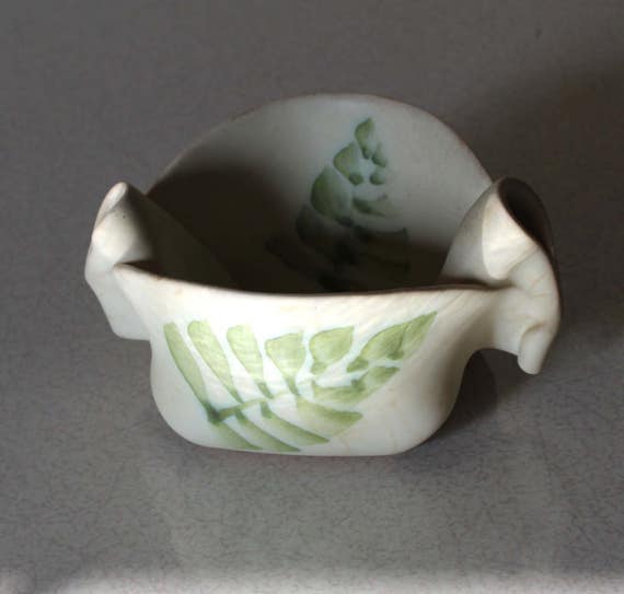 Vintage ポンチョ フリンジ ベージュ Hilborn Pinch Pot Matte Cream Ceramic Fern Leaf Motif Hand