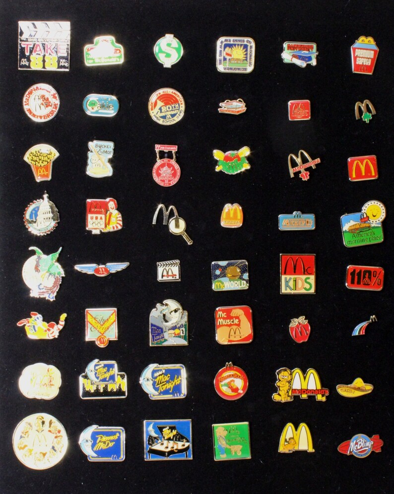 McDonald's Lapel Pin Collection 48 piece Set of Enameled Tie Back Crew and Management Flair Badges Olympics Disney Conventions etc. image 3