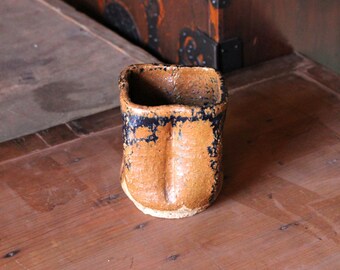 Heavy Grog Fired Clay Cup: Tenmoku Glaze Tea Vessel