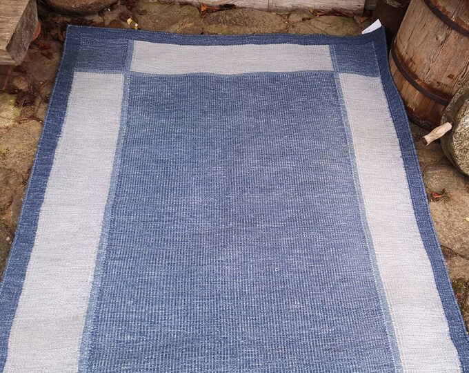 Vintage Wool Rug Woven Blue White Wool Rug Swedish Wool Flat Weave