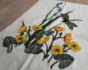 Vintage large embroidery Cross stitched wall hanging  floral embroidery  Oversized embroidery