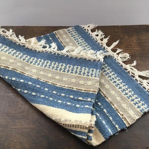 May include: A woven textile with a blue, beige, and brown geometric pattern. The rectangular piece has a fringed edge and is folded over on a dark wooden surface. The textile features stripes and dotted designs.