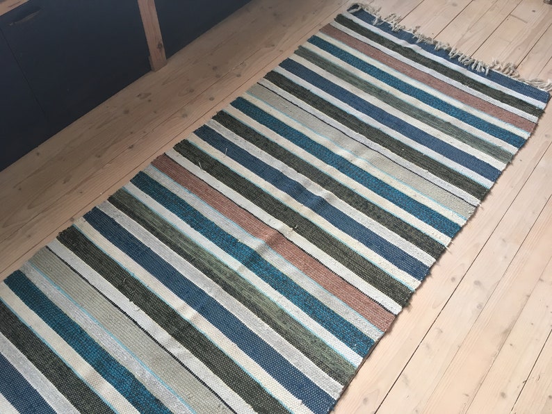 Swedish Vintage Long Rag Rug Woven Striped Blue Brown Image 0